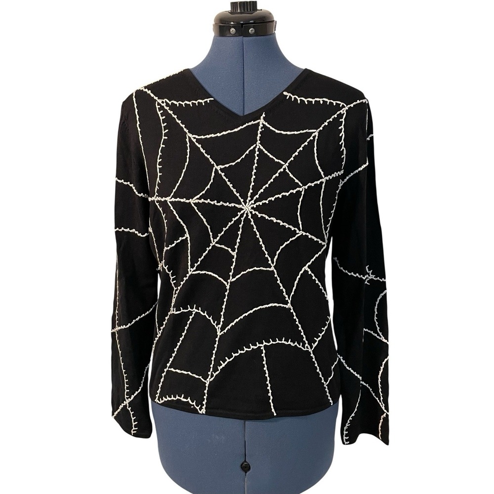 Michael Simon Black Spider Web Beaded Embroidered Knit Top Halloween Witchy M